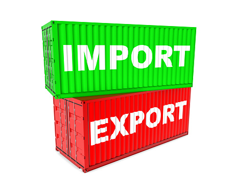 Import and export containers. Cargo blue and red container various angles, commercial industrial shipment, international transportation logistic, delivery freight realistic concept