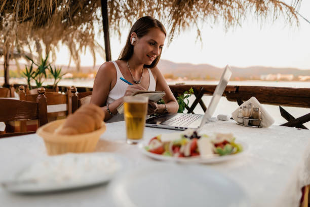 istock Woman having an online class and using a laptop in a restaurant 1433175025