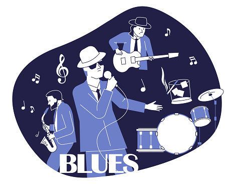Blues music poster, postcard. Blues festival, concert. Blues music vector concept.