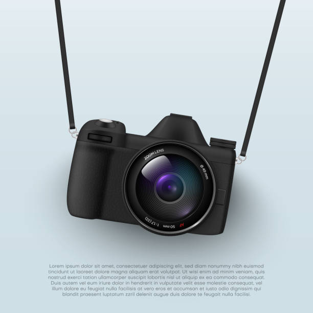 Camera with straps promo poster realistic vector photo video device for shooting memory picture vector art illustration