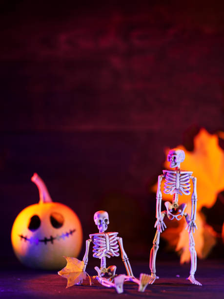 istock Halloween background. Skeletons and pumpkin copy space 1433178200