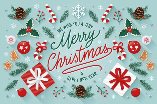 ilustrações, clipart, desenhos animados e ícones de cartões de boas-vindas de natal com texto feliz natal e feliz ano novo. - natal