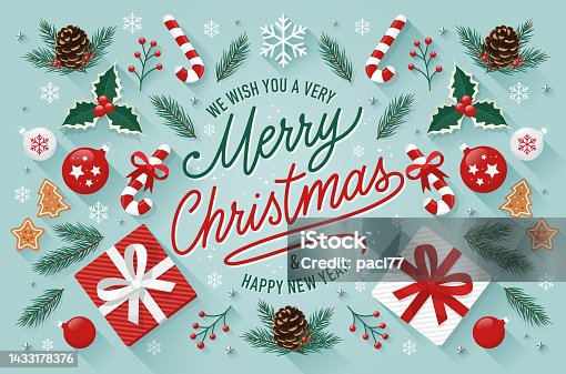 istock Christmas greeting cards with text Merry Christmas and happy new year. 1433178376