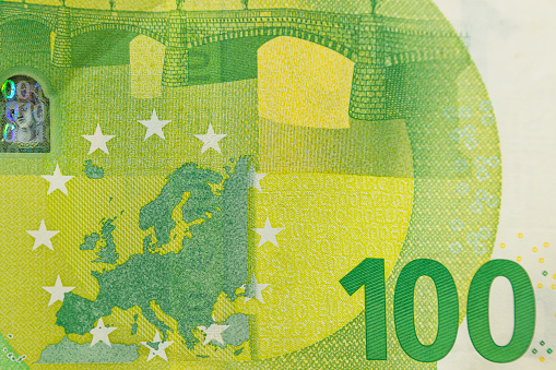 Europe map on a hundred euro banknote bill. Concept of uniting European countries.