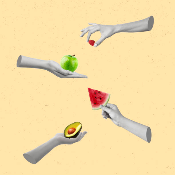 Contemporary art collage of hands with avocado, raspberry, apple and watermelon.