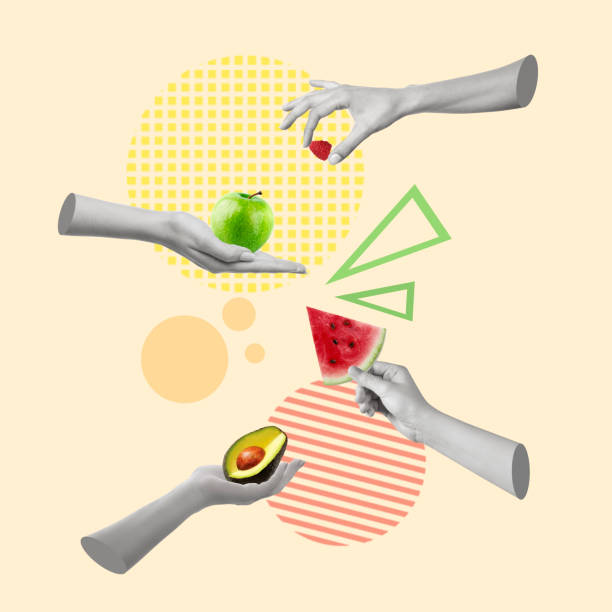 istock Contemporary art collage of hands with avocado, raspberry, apple and watermelon. 1433179676