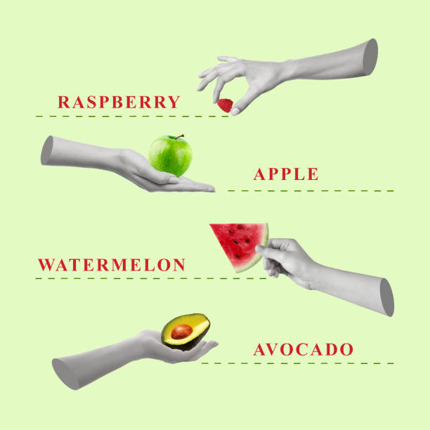 istock Contemporary art collage of hands with avocado, raspberry, apple and watermelon. 1433179677