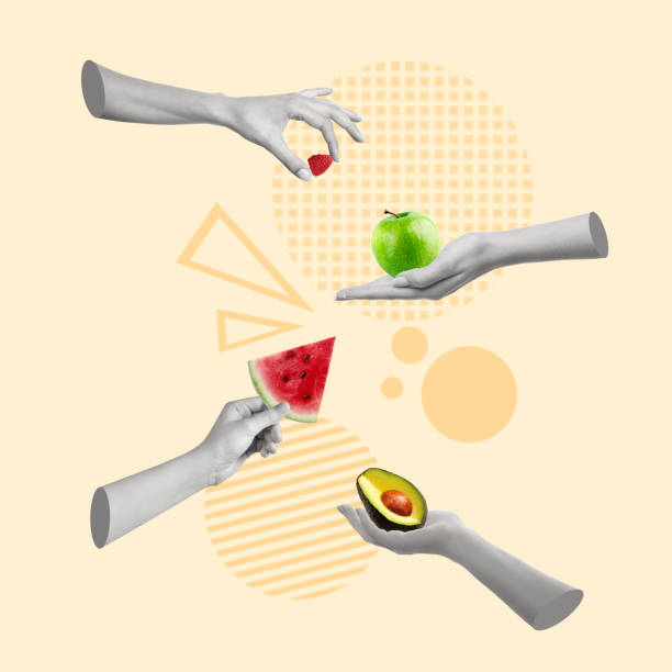 istock Contemporary art collage of hands with avocado, raspberry, apple and watermelon. 1433179678
