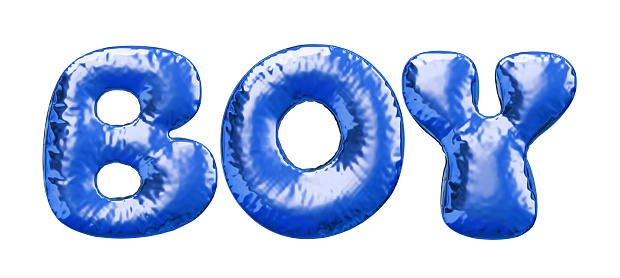 Inflated word boy. Inflated letters. Applicable for baby boy birth celebration. Blue glossy inflated letter. Balloon text.