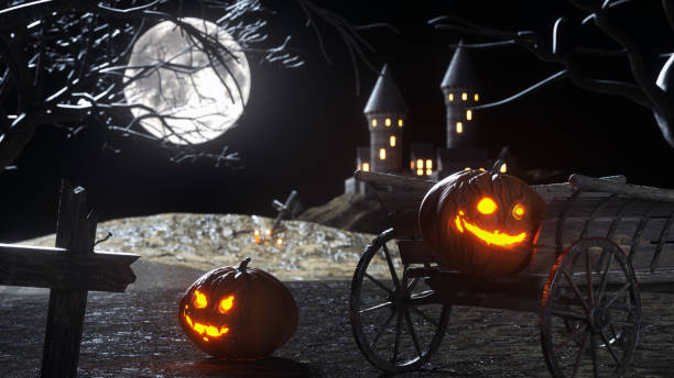 istock Jack O’ Lanterns Glowing, Halloween Pumpkins on horror scene. 1433181973
