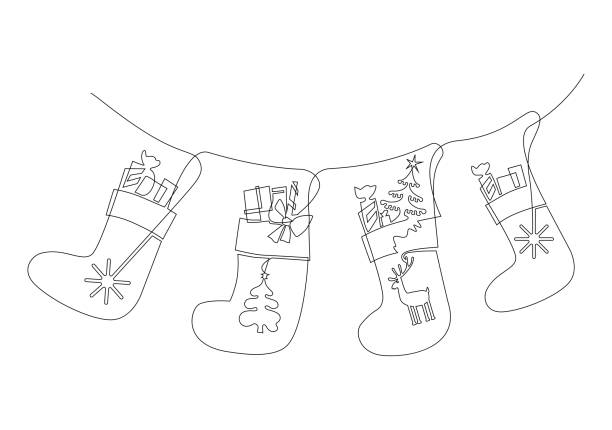 christmas socks for gifts hang on a rope. traditional decoration of the house for the new year. continuous line drawing, vector illustration. - santa hat stock illustrations