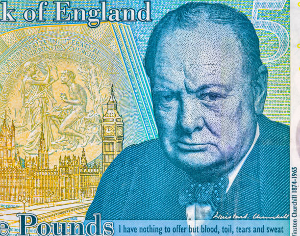 britische fünf-pfund-banknote nahaufnahme - winston churchill stock-fotos und bilder