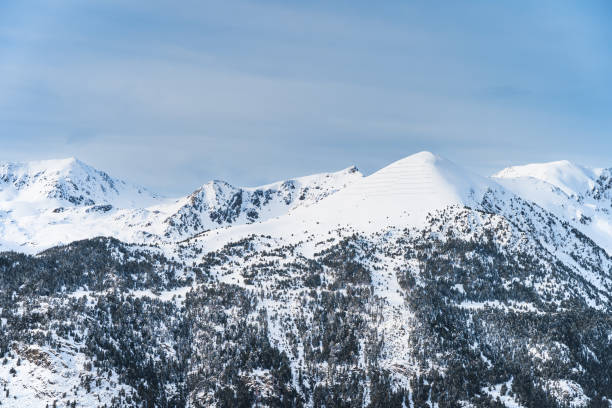 Snow capped mountain peaks of the Pyrenees Mountains, Andorra stock photo