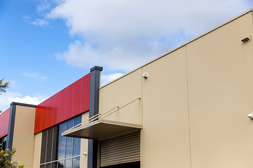 Industrial building, Sutherland Shire NSW Australia, background with copy space, horizontal composition