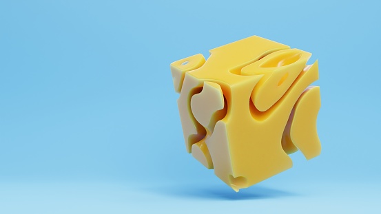 3d visualization of a cube of cheese hanging in the air on a blue background