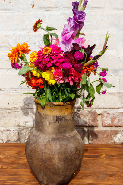 흰색 벽돌 벽에 골동품 소박한 점토 용기에 꽃다발 - gladiolus bouquet vase purple 뉴스 사진 이미지