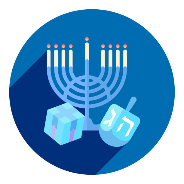 flat blue icon with shadow, menorah, dreidel and gift box menorah dreidel and gift box. icon in flat style of gift box, dreidel and menorah. flat blue with long shadow logo. icon for the holiday Hanukkah. web browser icon. chocolate gelt stock illustrations