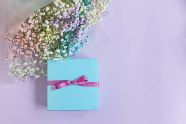 istock Rainbow gypsophila bouquet and gift box 1433191789