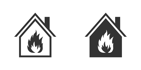 Fire in house icon. House building with flames inside. Vector illustration