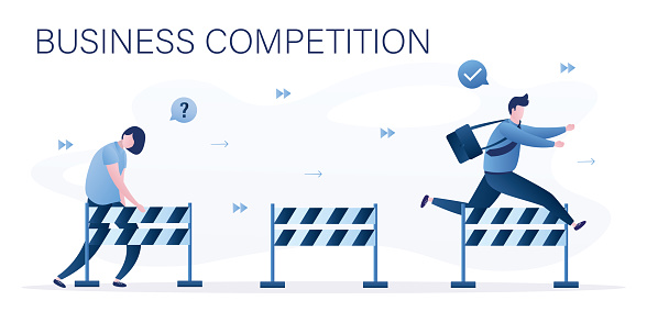 Businesspeople jumps over hurdle. Overcoming obstacles, solving business problems. Business competition. Male employee fast run, woman manager lagging behind. Confident character. Vector illustration
