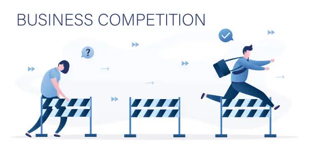 Vector illustration of Businesspeople jumps over hurdle. Overcoming obstacles, solving business problems. Business competition. Male employee fast run, woman manager lagging behind. Confident character.