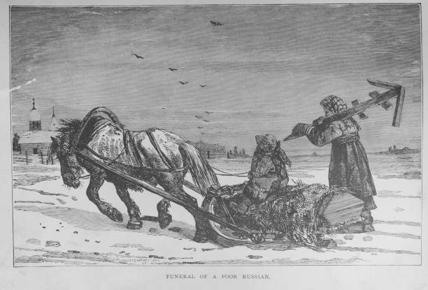 Funeral of a Poor Russian Sandwich, Massachusetts, USA - October 13, 2022- Engraving of   a Funeral of a Poor Russian. Image found in an 1881  book: "Zig Zag Journeys in the Orient" Published by John Wilson & Son, Cambridge, Massachusetts. funeral procession stock illustrations