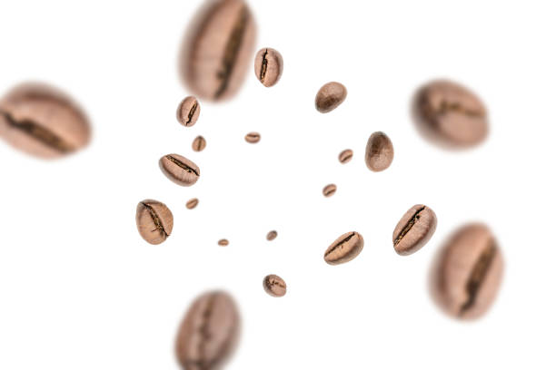 istock Coffee beans fall background. Black espresso coffee bean falling. Aromatic grain flying isolated on white. Concept for coffee product advertising. 1433193025
