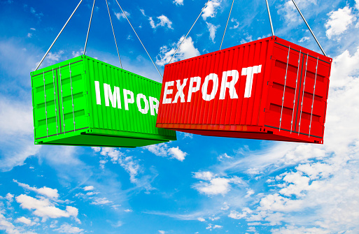 Import and export containers. Cargo blue and red container various angles, commercial industrial shipment, international transportation logistic, delivery freight realistic concept