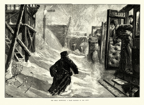 Vintage illustration of Great snowstorm of 1881, Passenger train stuck in the snow, England, Victorian 19th Century. The Blizzard of January 1881 was one of the most severe blizzards ever to hit the southern parts of the United Kingdom.