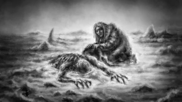 Scary demon crawling out of lake lies on shore. Girl covers monster a blanket. Spooky illustration horror fantasy. Scary demon crawling out of lake lies on shore. Girl covers monster a blanket. Spooky illustration horror fantasy. Twilight, creepy fog and gloomy men. Legends from past. Black and white background. revolted stock illustrations