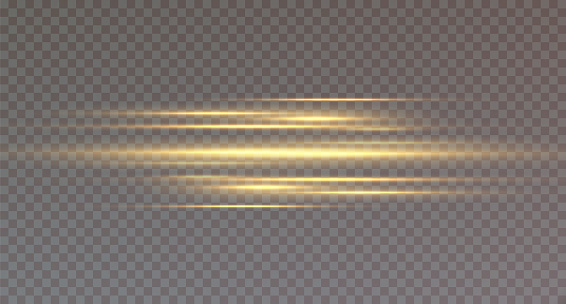 Yellow horizontal lens flares pack. Laser beams, horizontal light rays. Beautiful light flares. Glowing streaks on dark background