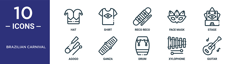 brazilian carnival outline icon set includes thin line hat, reco reco, stage, ganza, xylophone, guitar, agogo icons for report, presentation, diagram, web design