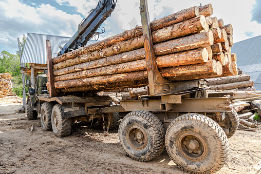 Timber carrier with large sawn logs at the wood storage place. Forest industry