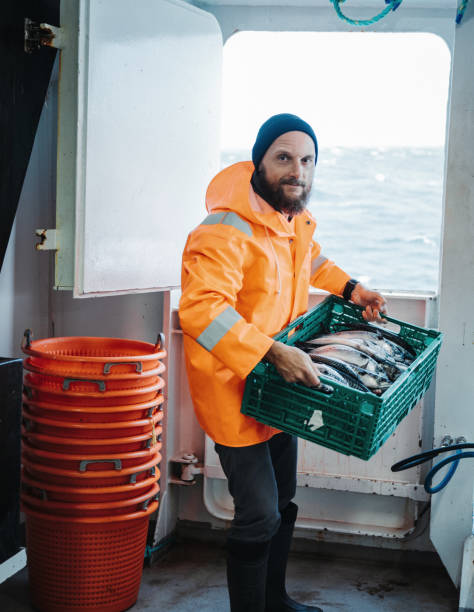 istock Fisherman with fresh fish box on the fishing boat deck 1433200221