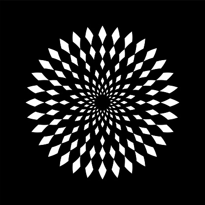 Abstract Round Radial Dots Pattern. White Circle Design Element on Black Background. Vector Art.