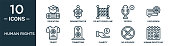 istock human rights outline icon set includes thin line education, do not cross line, discussion, tombstone, no violence, human rights day, tshirt icons for report, presentation, diagram, web design 1433201114