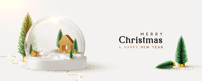 Happy New Year and Merry Christmas banner. Xmas Snowball with trees and house. Glass snow globe realistic 3d design. Festive Christmas object. Holiday poster, header for website, greeting card, flyer