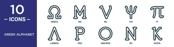 Vector illustration of greek alphabet outline icon set includes thin line omega, nu, pi, rho, nu, kappa, lambda icons for report, presentation, diagram, web design