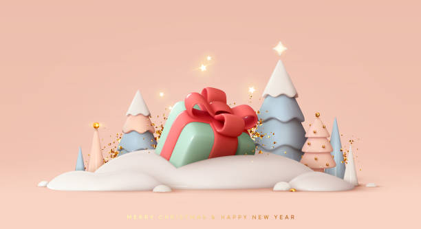 Merry Christmas and Happy New Year festive 3d composition with realistic Christmas trees, gifts box in snow drift, golden confetti. Xmas background winter nature, Holiday design. Vector illustration Merry Christmas and Happy New Year festive 3d composition with realistic Christmas trees, gifts box in snow drift, golden confetti. Xmas background winter nature, Holiday design. Vector illustration pink christmas tree stock illustrations