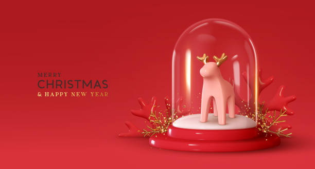 illustrations, cliparts, dessins animés et icônes de vacances de noël. sous magic glass dome figurine de cerf en céramique avec boule de neige blanche, flocons de neige en métal doré. composition de conception 3d réaliste du nouvel an festive. fond rouge de noël. illustration vectorielle - snow globe dome glass transparent