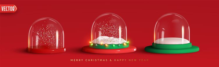 Set of Glass snow globe Christmas decorative design. Podium under transparent glass dome with white snowdrift, and glow garland. Xmas red round scene. Red and white Studio. Stand for Promotion Product