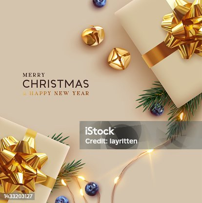 istock Merry Christmas and Happy New Year. Background Xmas design realistic gifts box, festive decorative objects. flat lay top view. Christmas poster, holiday banner, flyer, stylish brochure, greeting card 1433203127