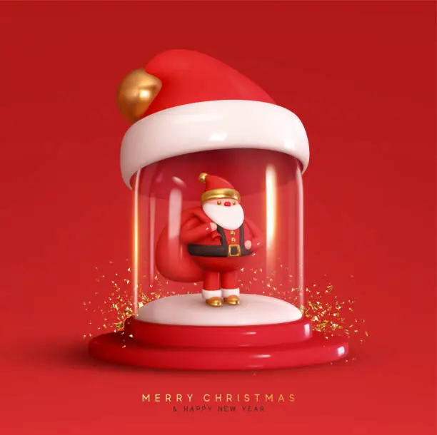 Vector illustration of Christmas Holiday. Under Magic glass Dome Santa Claus with gift bag with white snowball. Festive new year realistic 3d design composition. Xmas red background. Vector illustration
