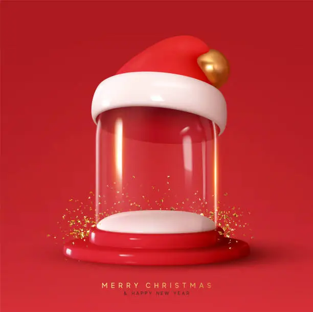 Vector illustration of Christmas magic glass dome with white snowball, blank template. Santa Claus hat. Festive New year realistic 3d design. Xmas Mack up Crystal ball. Red background. Vector illustration