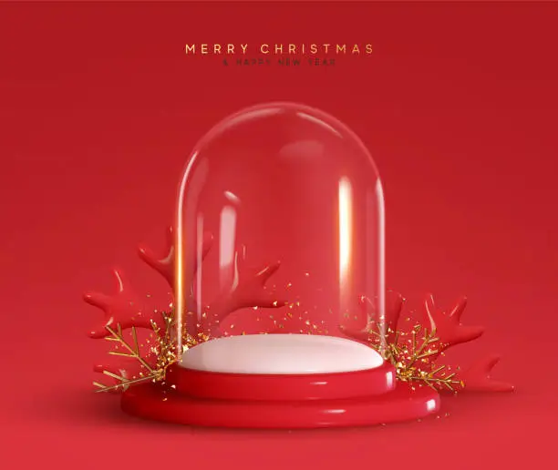 Vector illustration of Christmas magic glass dome with white snowball, blank template. Festive New year realistic 3d design. Xmas Mack up Crystal ball. Red background. Vector illustration