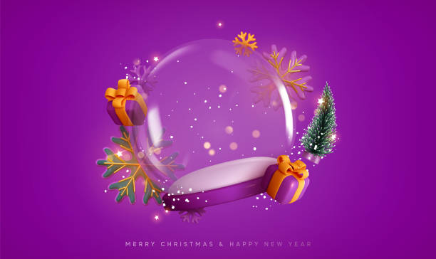 ilustrações, clipart, desenhos animados e ícones de bola de inverno de vidro de neve de natal. modelo de espaço de estúdio de pódio redondo para objetos de design festivo. elementos 3d realistas, caixa de presente, floco de neve dourado, árvore verde de natal, luzes bokeh. ilustração vetorial - party toys