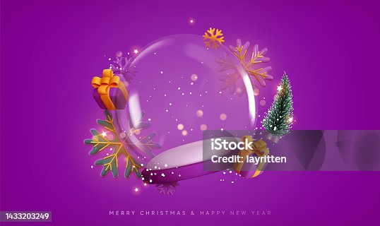 istock Christmas snow glass winter ball. Template round podium studio space for objects festive design. Realistic 3d elements, gift box, gold snowflake, Xmas green tree, bokeh lights. Vector illustration 1433203249