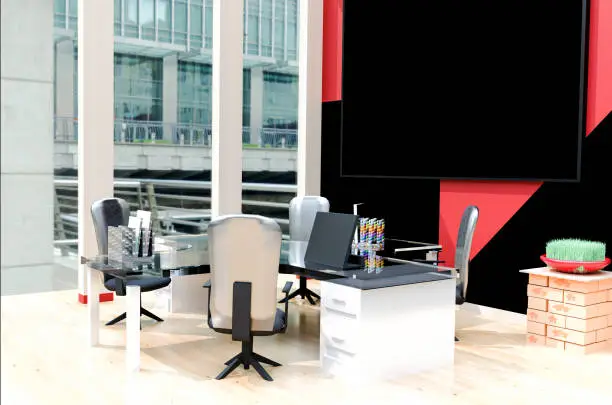 Photo of Work office interior with screen for teleconference and teleworking. Teamwork and remote work. 3d illustration
