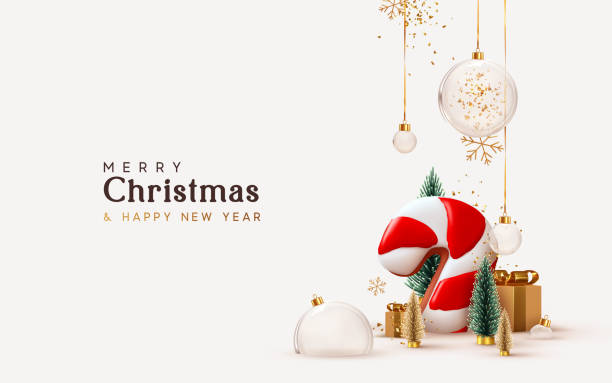 ilustrações de stock, clip art, desenhos animados e ícones de christmas and new year background. xmas pine fir lush tree. candy cane from cookies, golden gifts box. glass balls hanging on ribbon. bright winter holiday composition. greeting card, banner, poster - christmas background