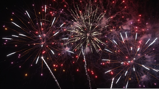 Summer festival or celebration, vibrant colors exploding fireworks against night sky.